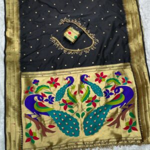 a royal blend of tradition and luxury unveiling this black woven zari silk saree with patheni pattern and handwork latkan lace in pallu & blosue,