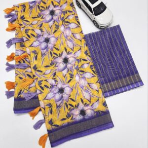plain linen digital print saree with matching blouse