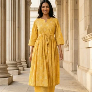 yellow round neck ethnic motifs pure cotton kurta set for women
